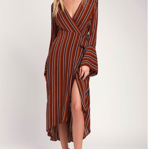 Appleton Rust Red Striped Long Sleeve Wrap Midi Dr - Picture 2 of 7